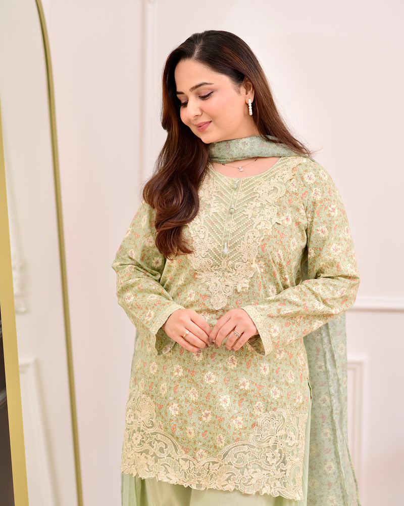 Pista Green Floral Threadwork Cotton Farshi Shalwar Suit