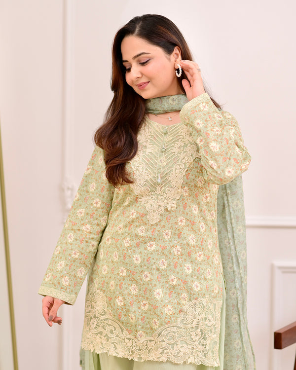 Pista Green Floral Threadwork Cotton Farshi Shalwar Suit