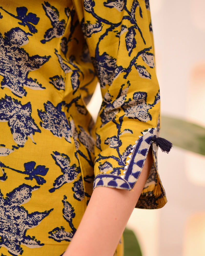 Navy Mustard Bloom Cotton Muslin Kurta Set