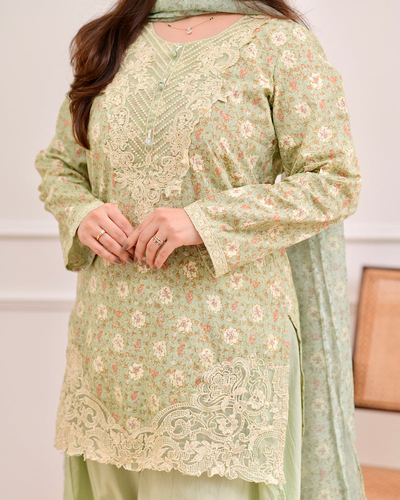 Pista Green Floral Threadwork Cotton Farshi Shalwar Suit