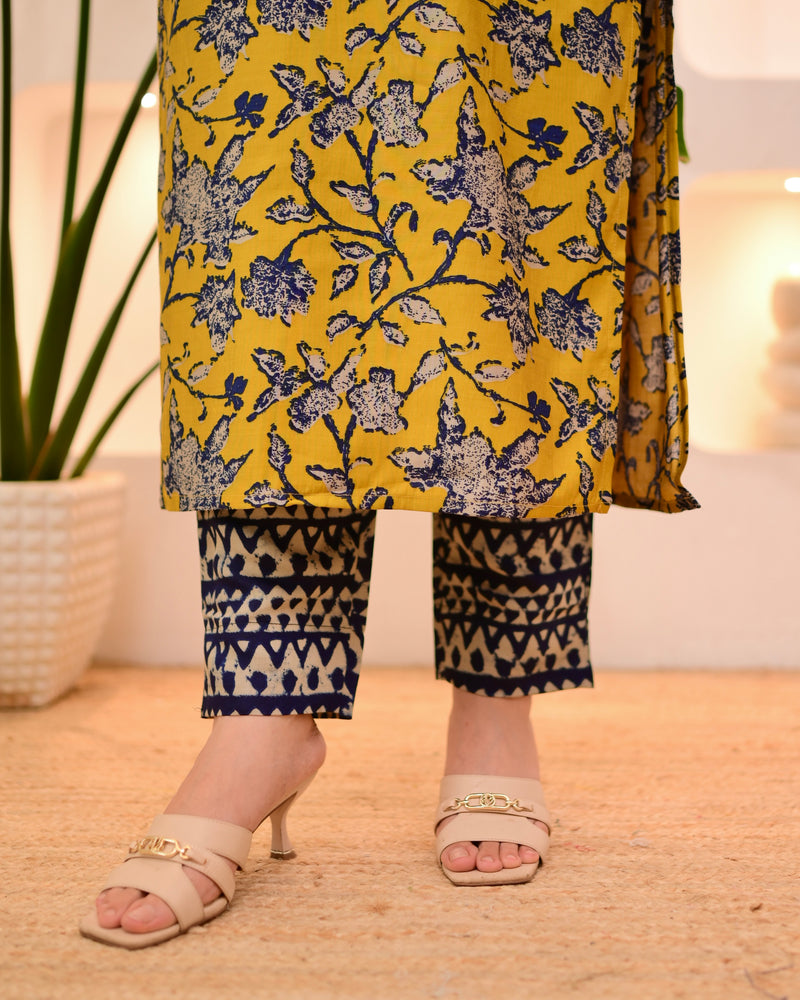 Navy Mustard Bloom Cotton Muslin Kurta Set