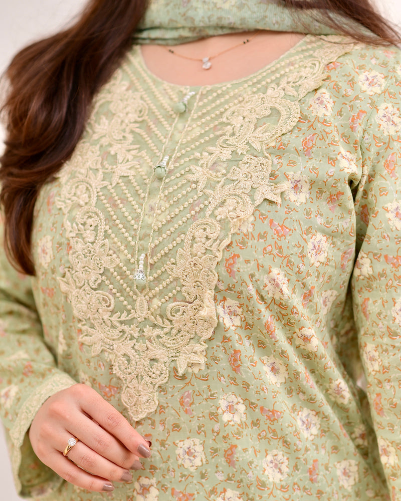 Pista Green Floral Threadwork Cotton Farshi Shalwar Suit