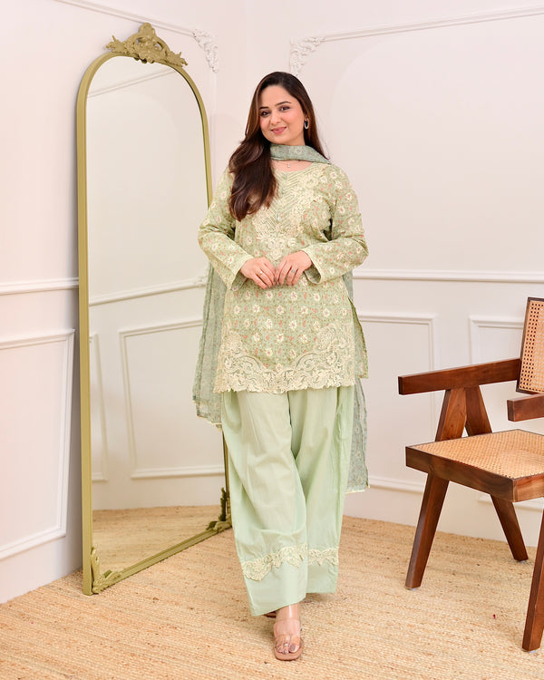 Pista Green Floral Threadwork Cotton Farshi Shalwar Suit