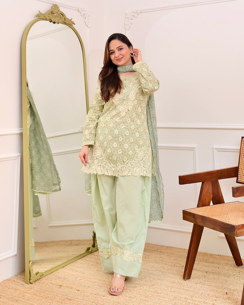 Pista Green Floral Threadwork Cotton Farshi Shalwar Suit