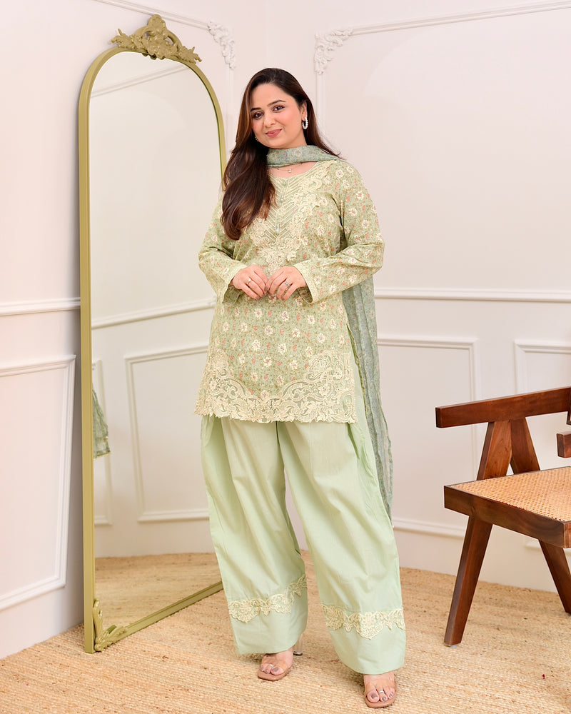 Pista Green Floral Threadwork Cotton Farshi Shalwar Suit