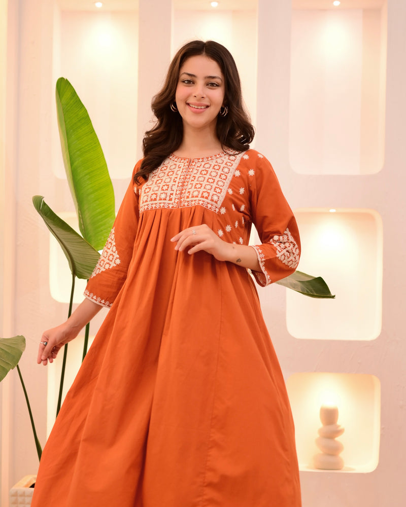 Rust Threadwork A Line Cotton Kurta Set