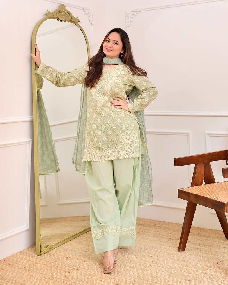 Pista Green Floral Threadwork Cotton Farshi Shalwar Suit