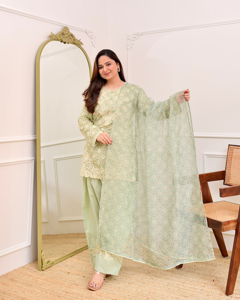 Pista Green Floral Threadwork Cotton Farshi Shalwar Suit