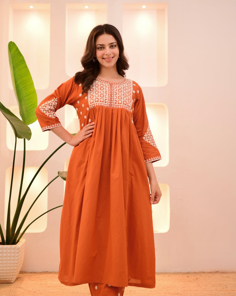 Rust Threadwork A Line Cotton Kurta Set