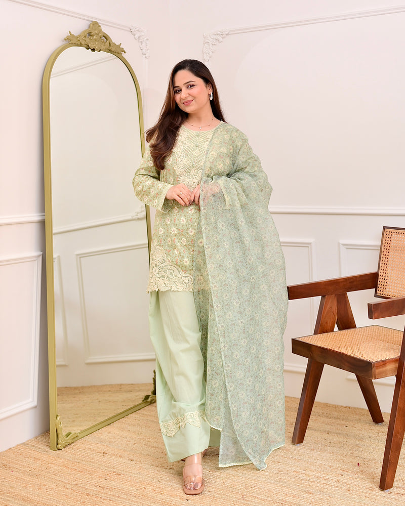 Pista Green Floral Threadwork Cotton Farshi Shalwar Suit