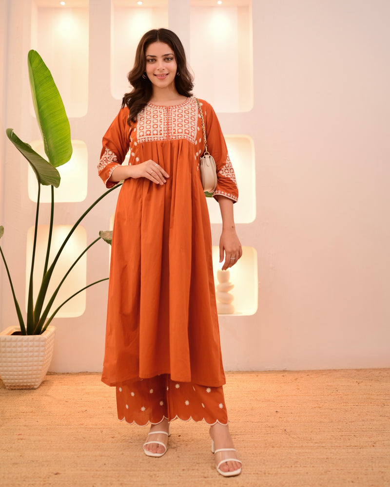 Rust Threadwork A Line Cotton Kurta Set