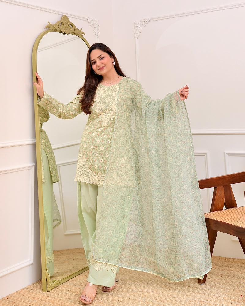 Pista Green Floral Threadwork Cotton Farshi Shalwar Suit