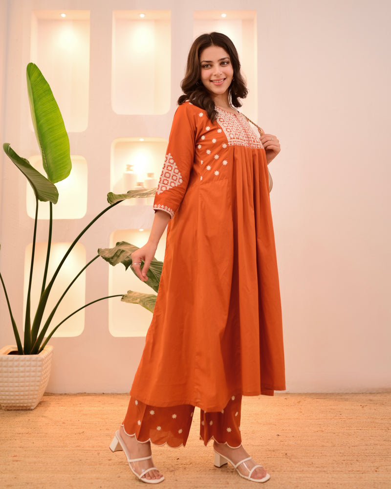 Rust Threadwork A Line Cotton Kurta Set