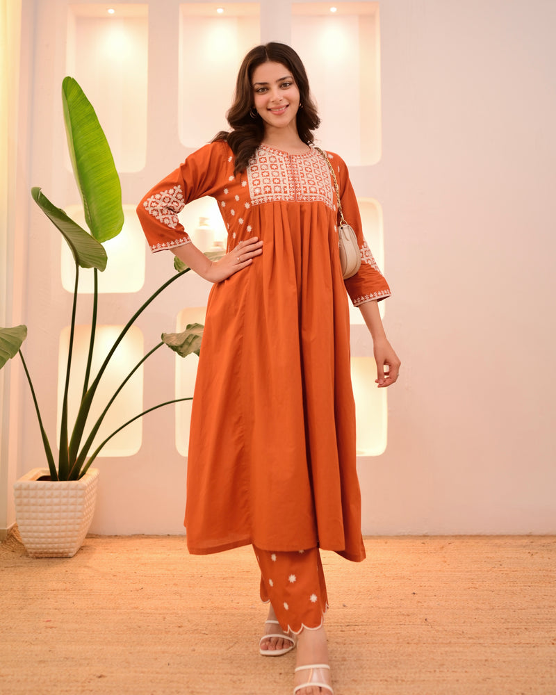 Rust Threadwork A Line Cotton Kurta Set