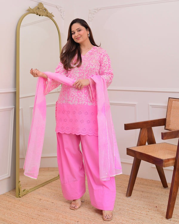 Flamingo Pink Threadwork Cotton Farshi Shalwar Suit