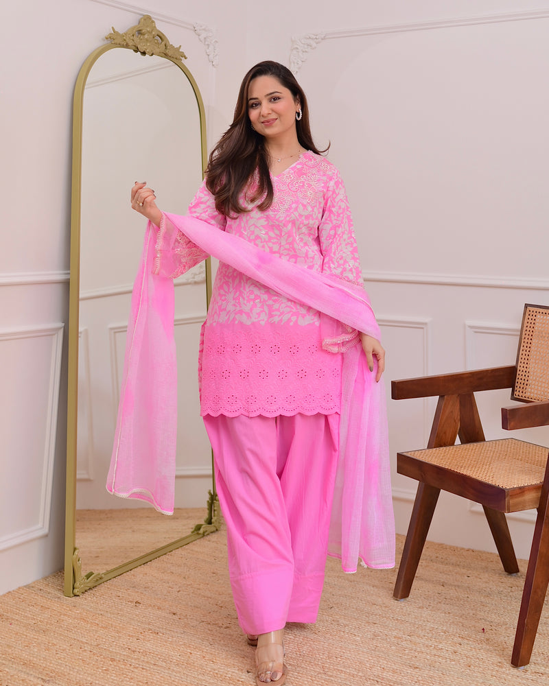 Flamingo Pink Threadwork Cotton Farshi Shalwar Suit