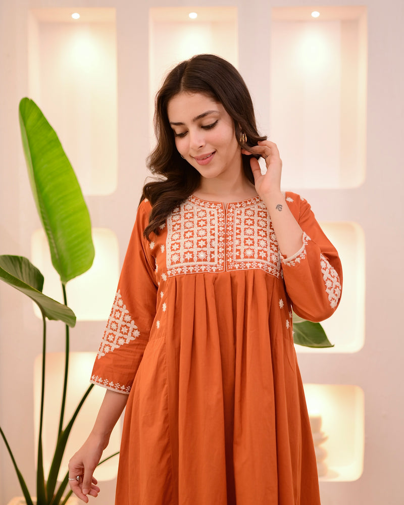 Rust Threadwork A Line Cotton Kurta Set