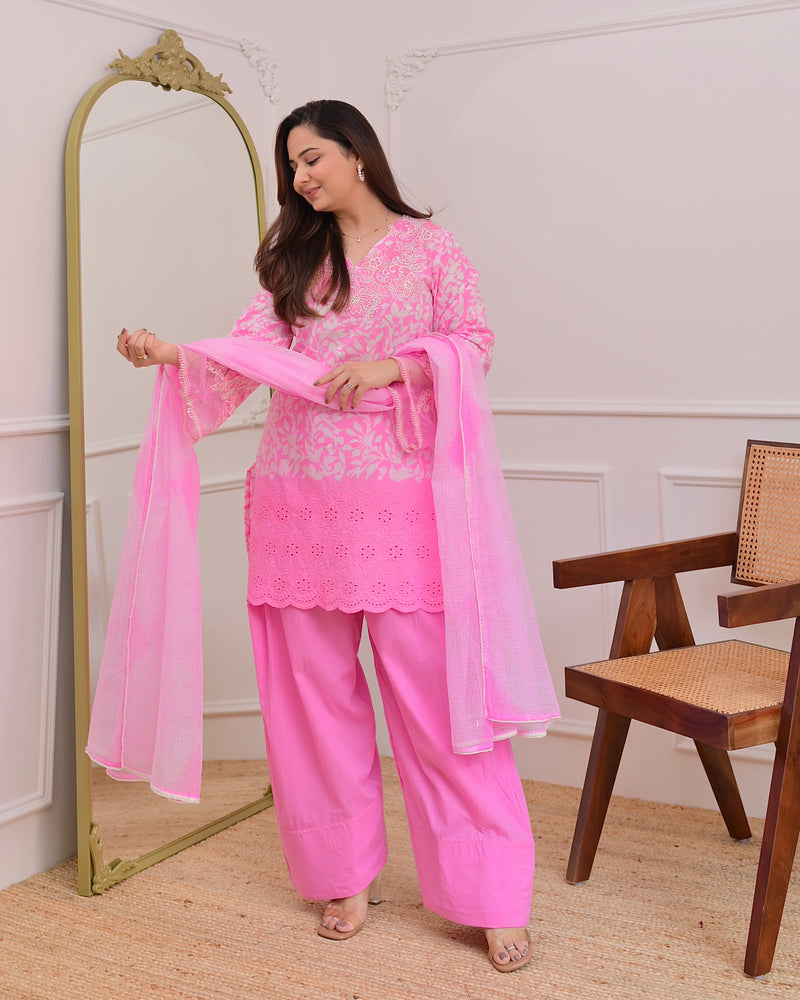 Flamingo Pink Threadwork Cotton Farshi Shalwar Suit