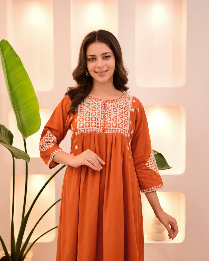 Rust Threadwork A Line Cotton Kurta Set
