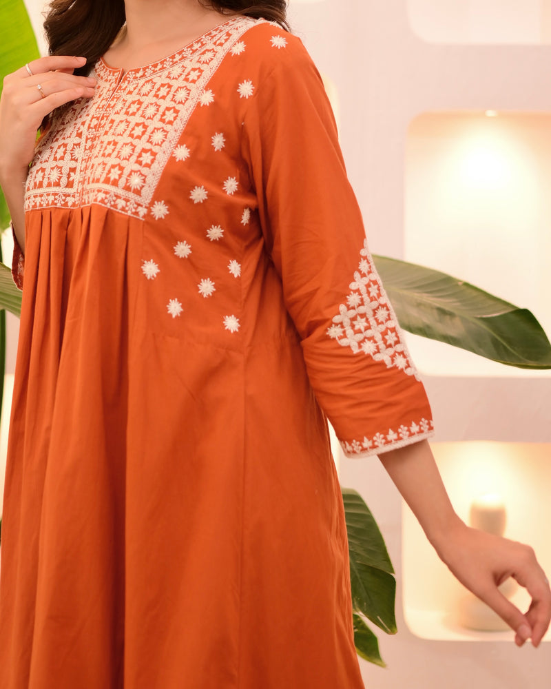 Rust Threadwork A Line Cotton Kurta Set
