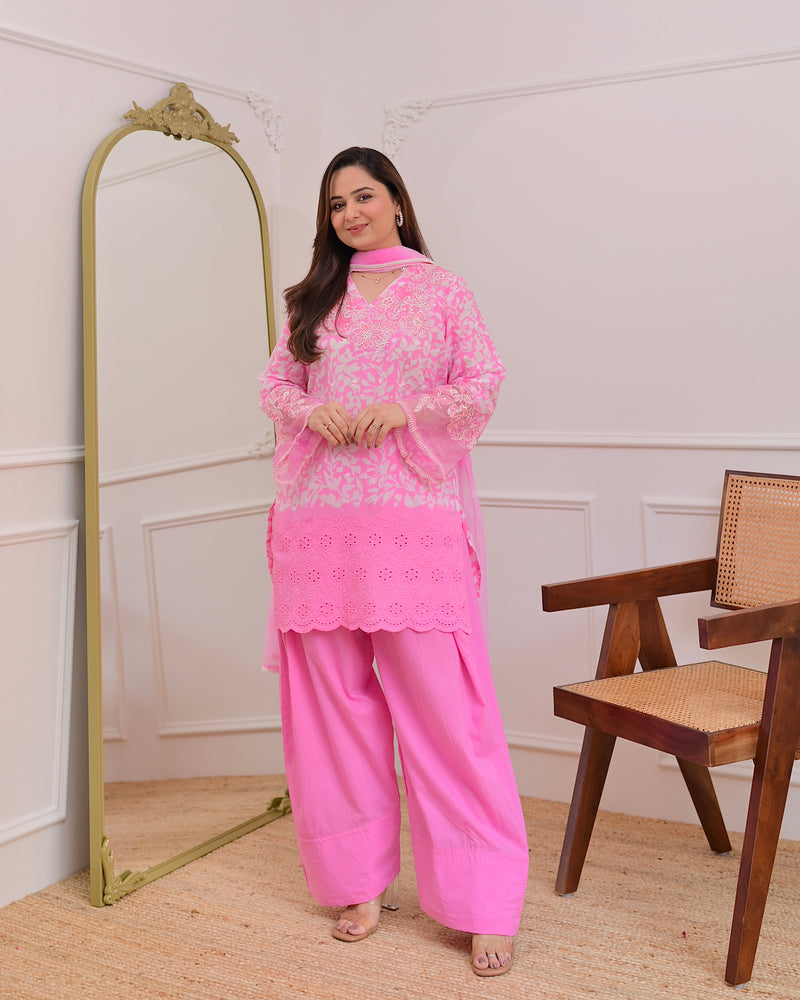 Flamingo Pink Threadwork Cotton Farshi Shalwar Suit