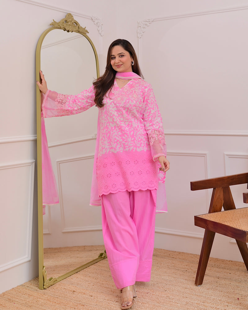 Flamingo Pink Threadwork Cotton Farshi Shalwar Suit