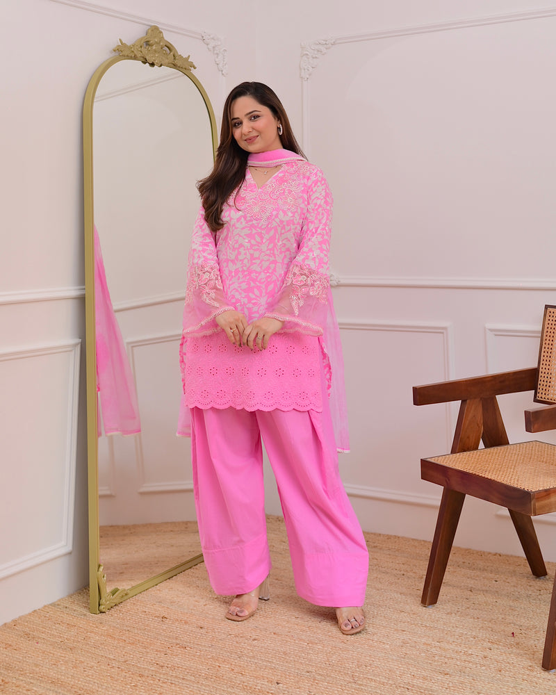 Flamingo Pink Threadwork Cotton Farshi Shalwar Suit