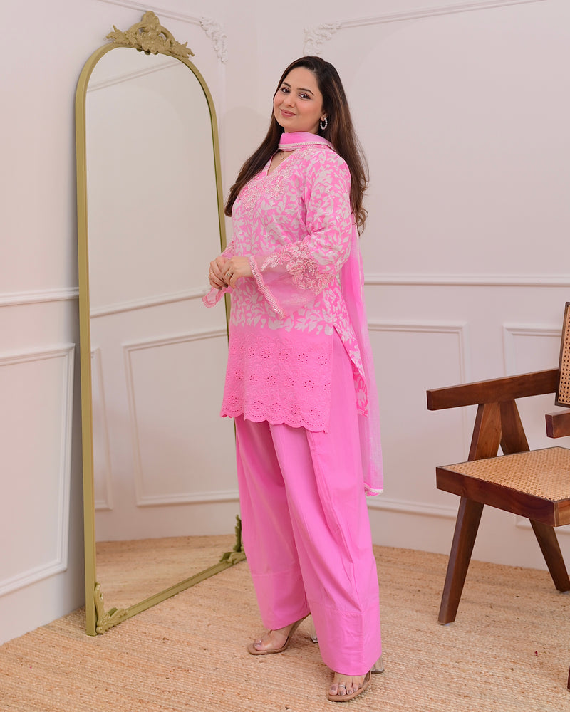 Flamingo Pink Threadwork Cotton Farshi Shalwar Suit