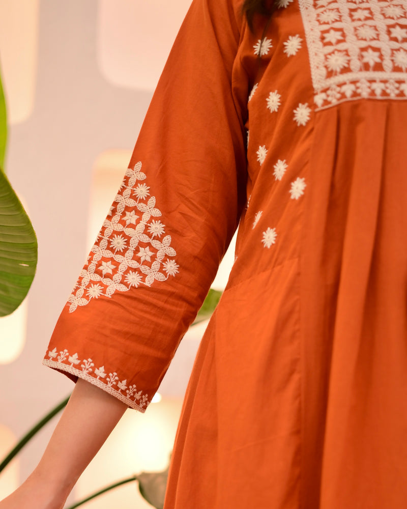 Rust Threadwork A Line Cotton Kurta Set