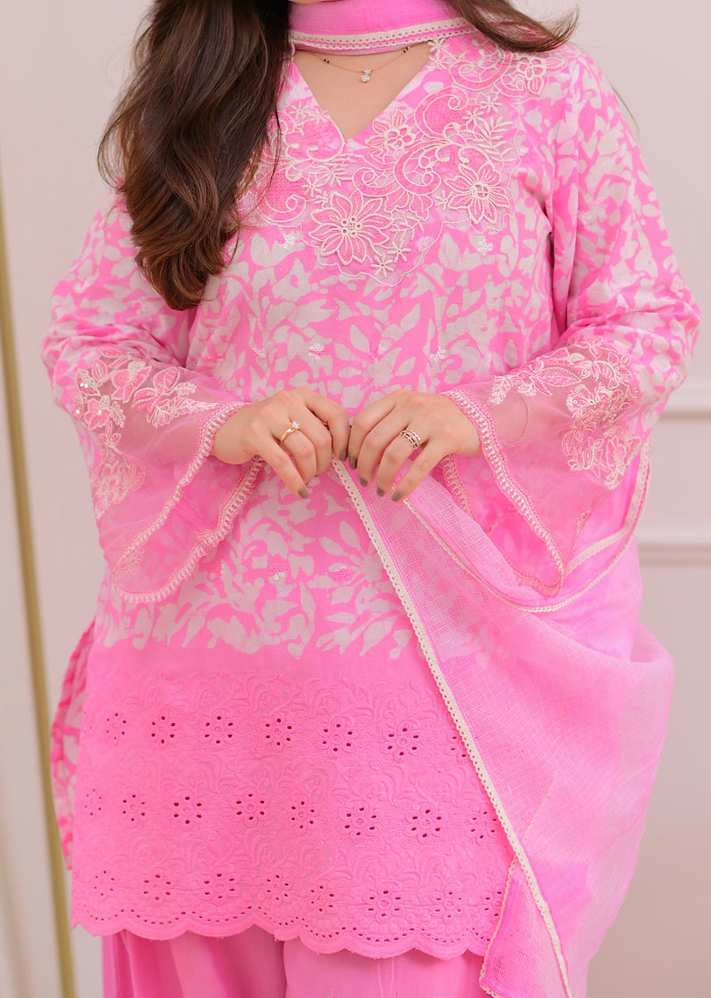 Flamingo Pink Threadwork Cotton Farshi Shalwar Suit