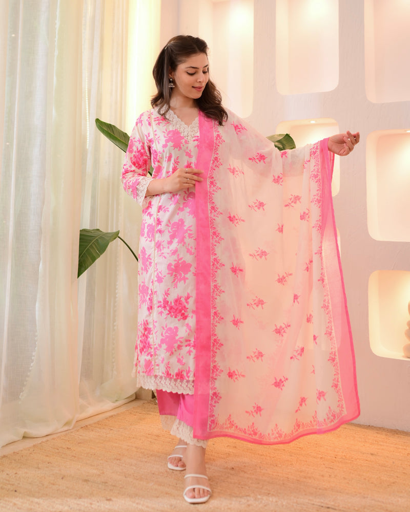 Gulaabi Petals Pakistani Lace Cotton Suit