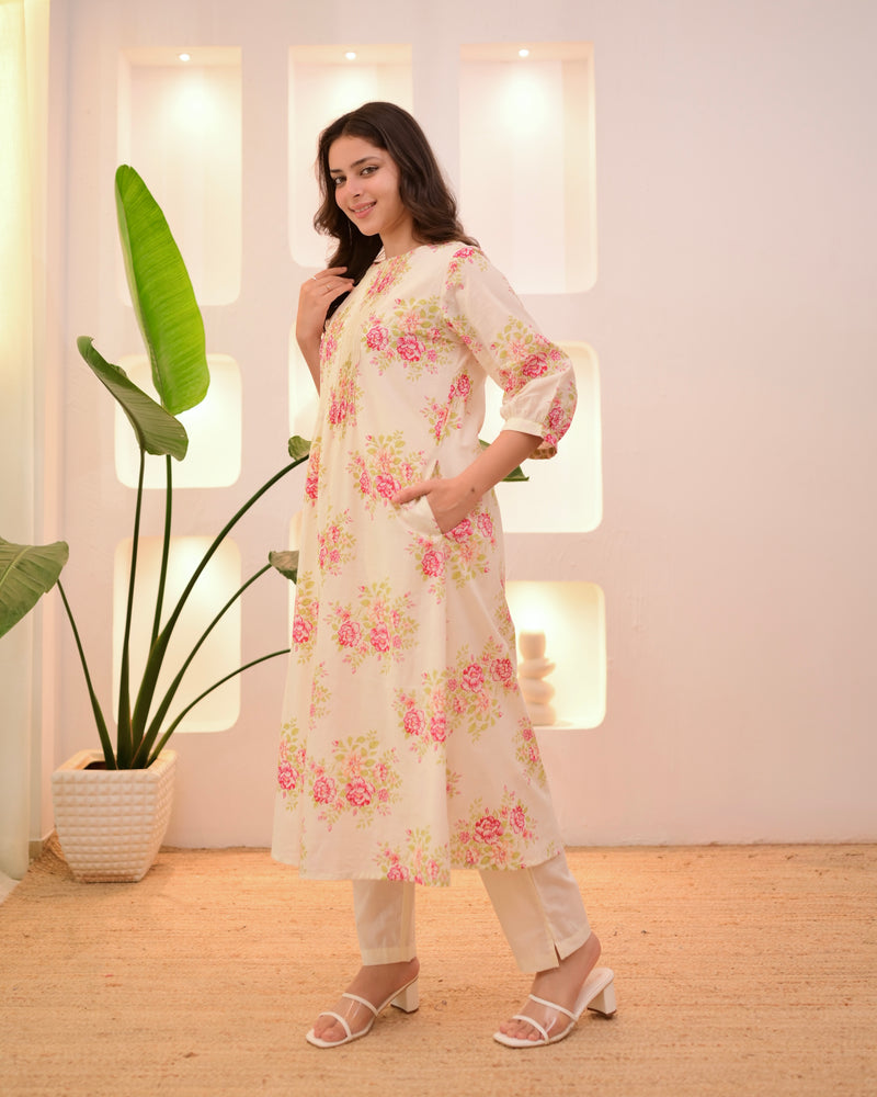Ivory Pink Garden Pintex A Line Mul Cotton Kurta Set