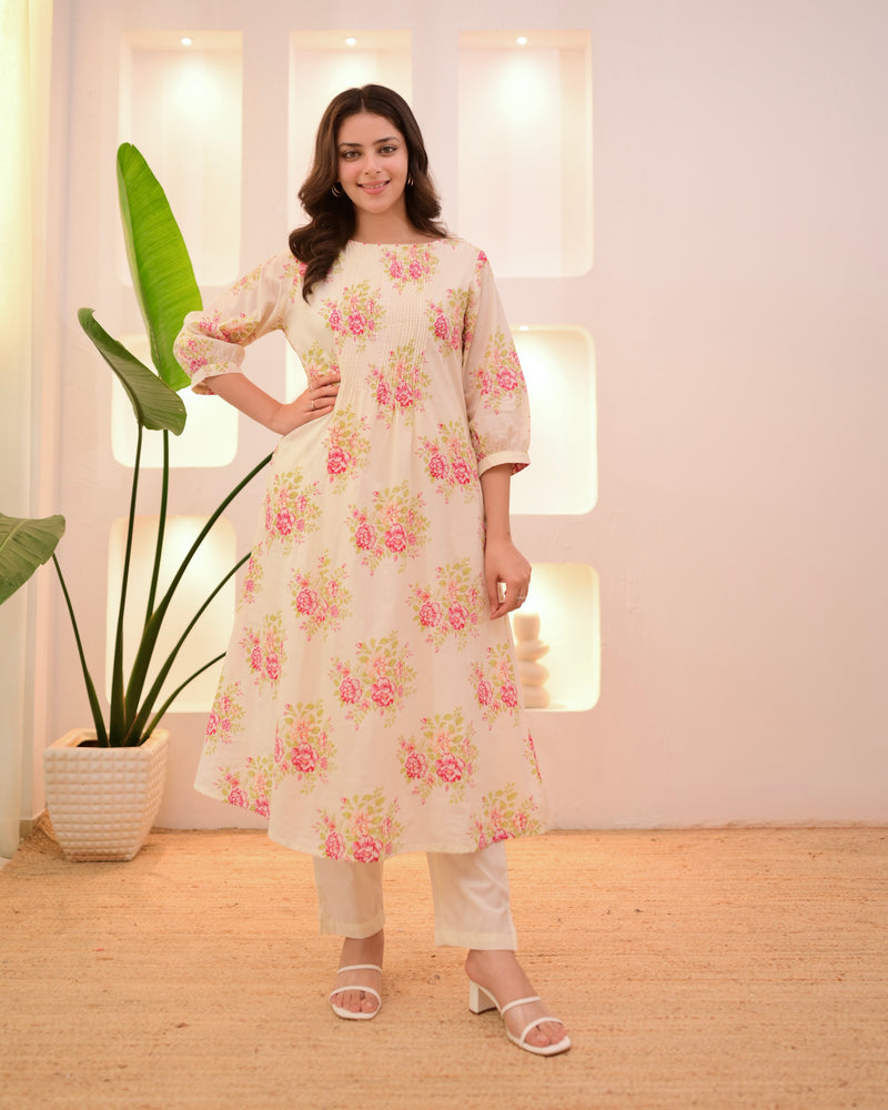Ivory Pink Garden Pintex A Line Mul Cotton Kurta Set