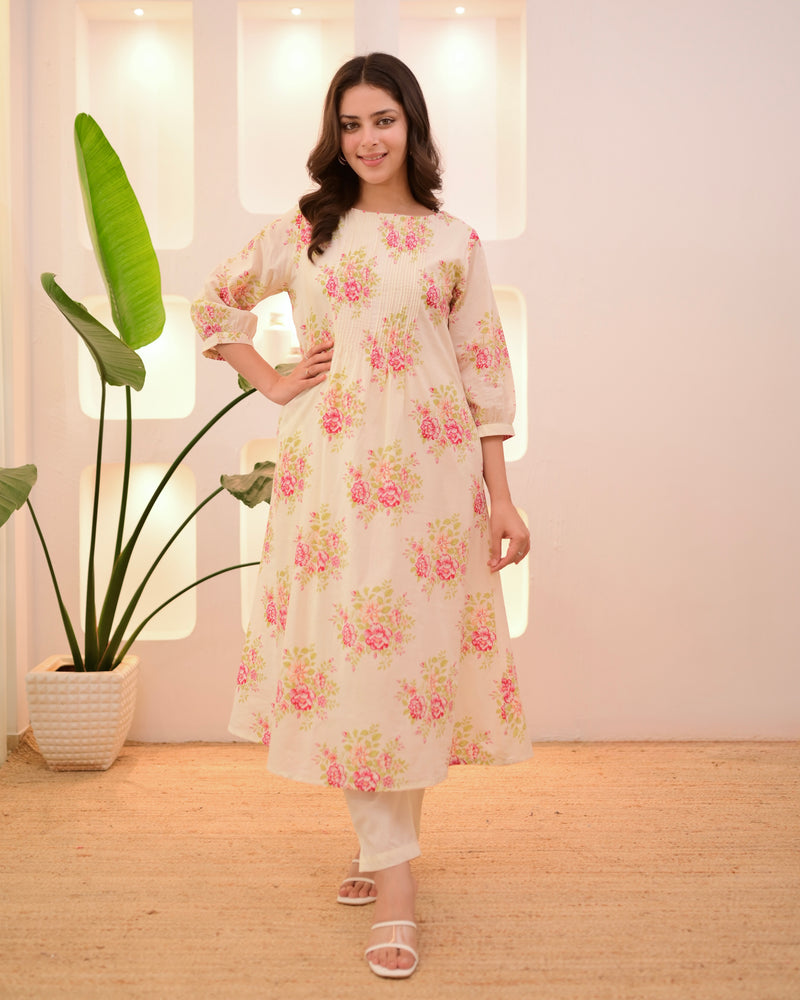 Ivory Pink Garden Pintex A Line Mul Cotton Kurta Set