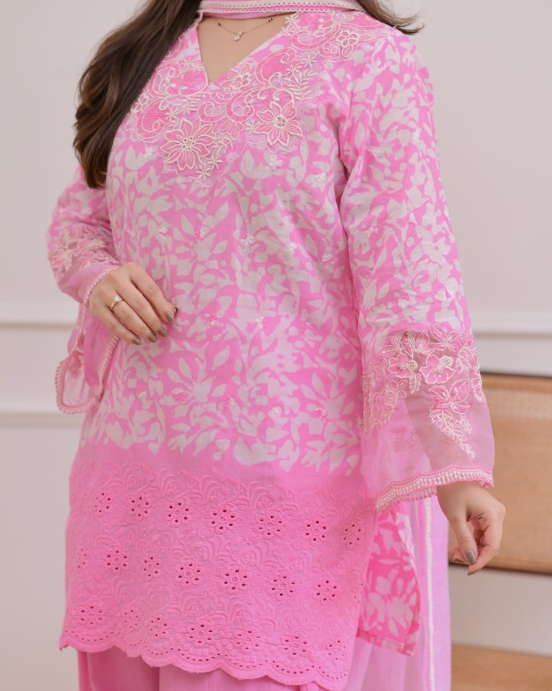 Flamingo Pink Threadwork Cotton Farshi Shalwar Suit