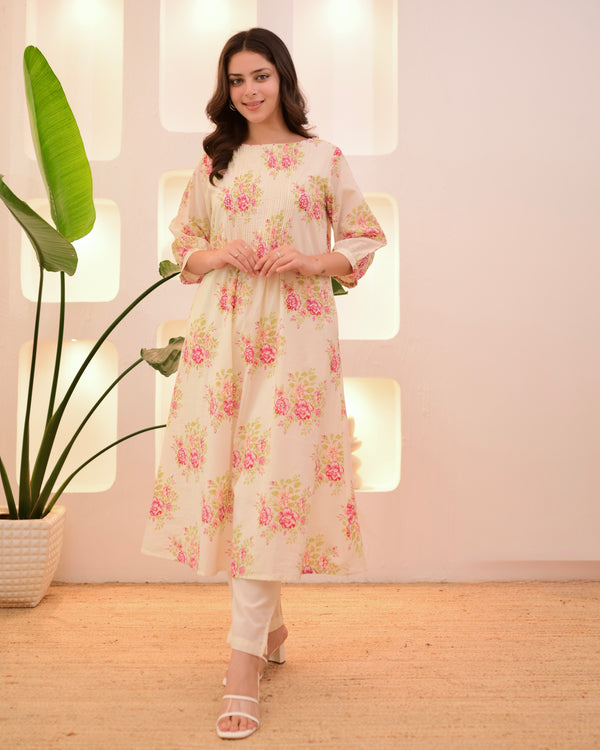 Ivory Pink Garden Pintex A Line Mul Cotton Kurta Set