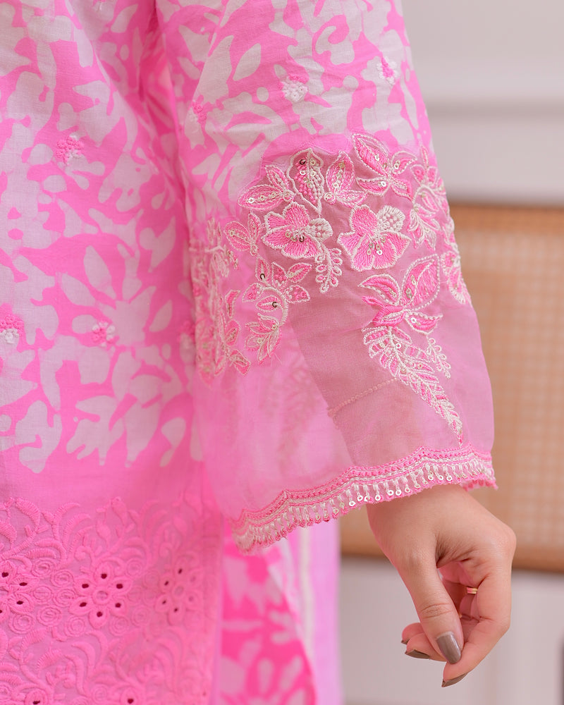 Flamingo Pink Threadwork Cotton Farshi Shalwar Suit