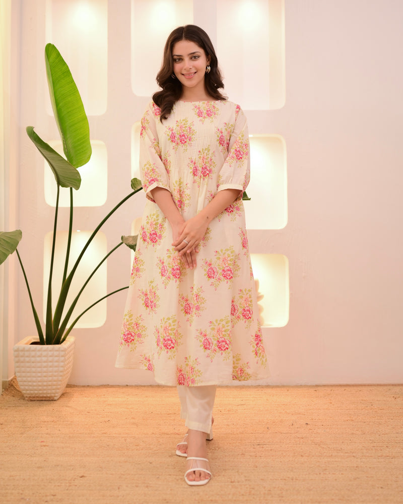 Ivory Pink Garden Pintex A Line Mul Cotton Kurta Set