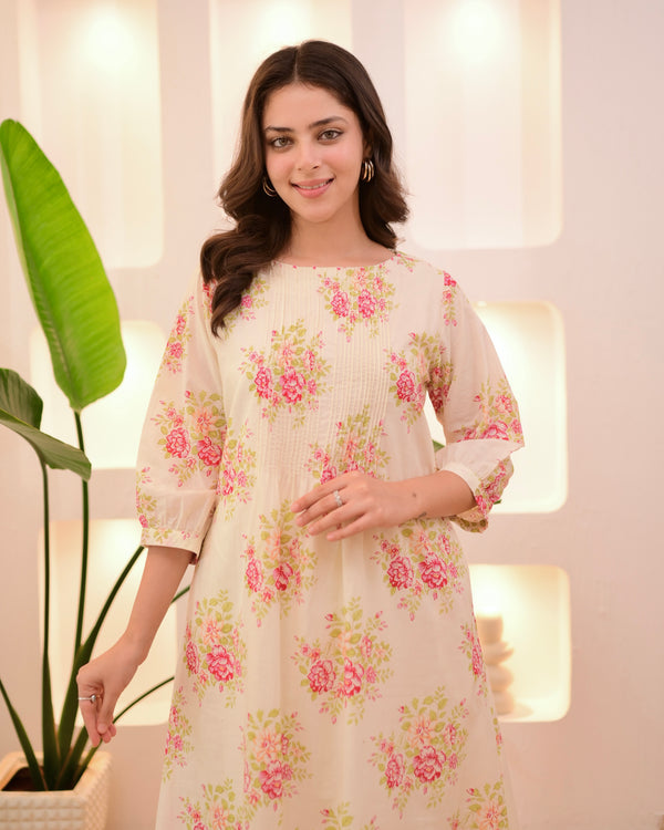 Ivory Pink Garden Pintex A Line Mul Cotton Kurta Set