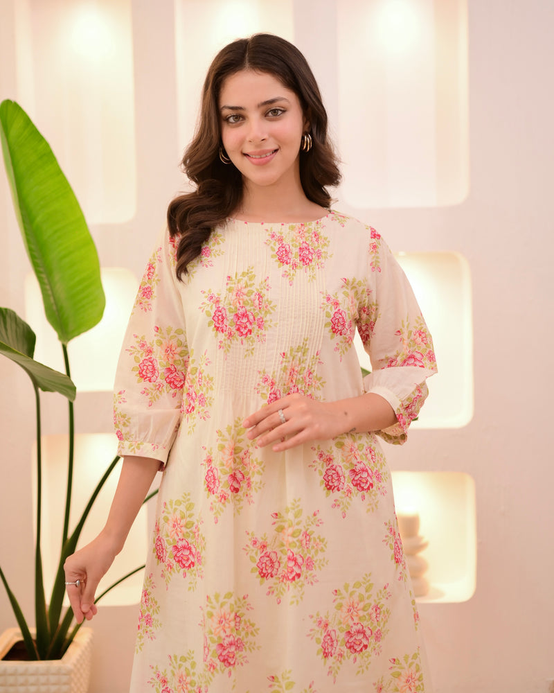 Ivory Pink Garden Pintex A Line Mul Cotton Kurta Set