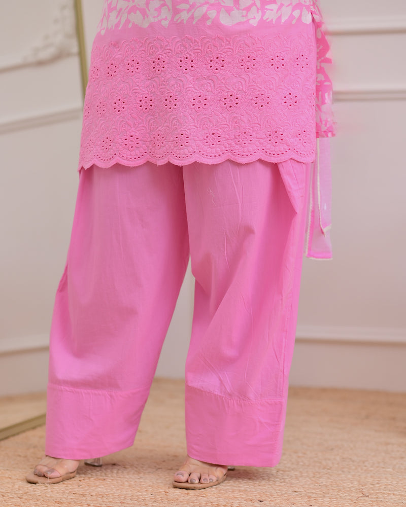 Flamingo Pink Threadwork Cotton Farshi Shalwar Suit
