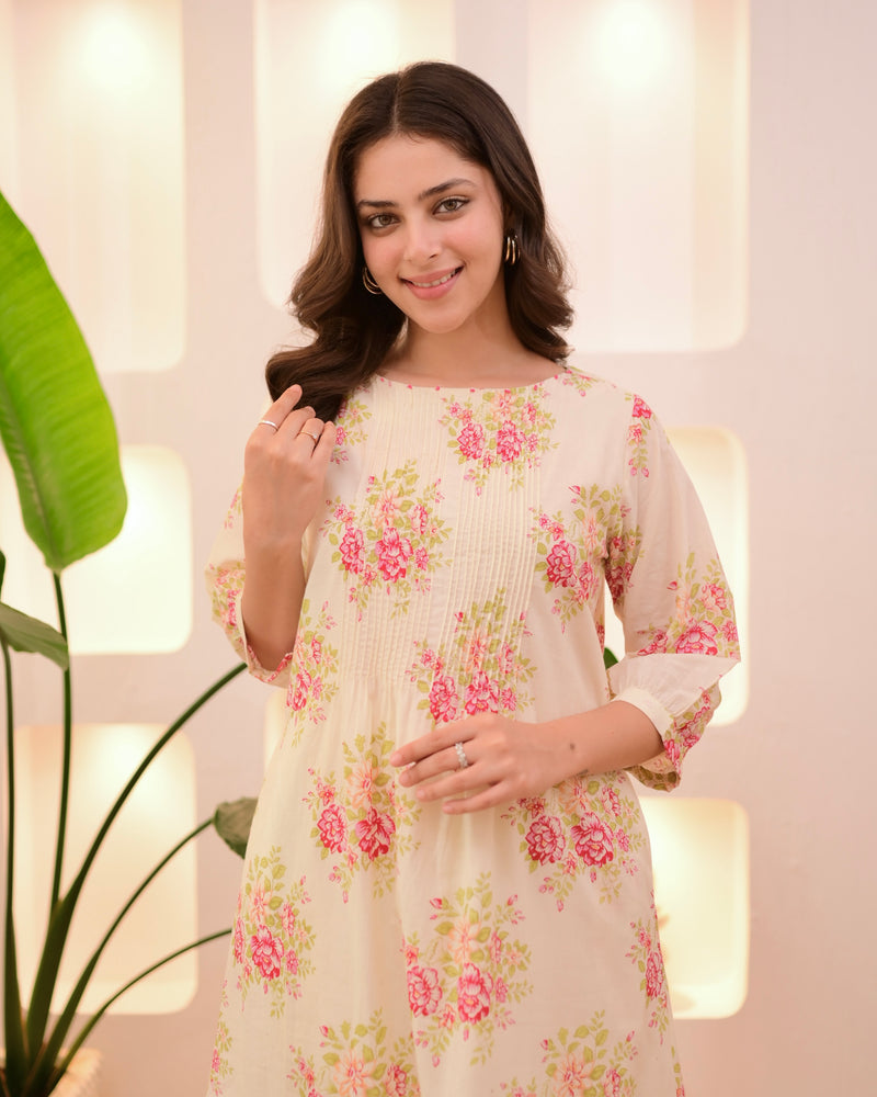 Ivory Pink Garden Pintex A Line Mul Cotton Kurta Set