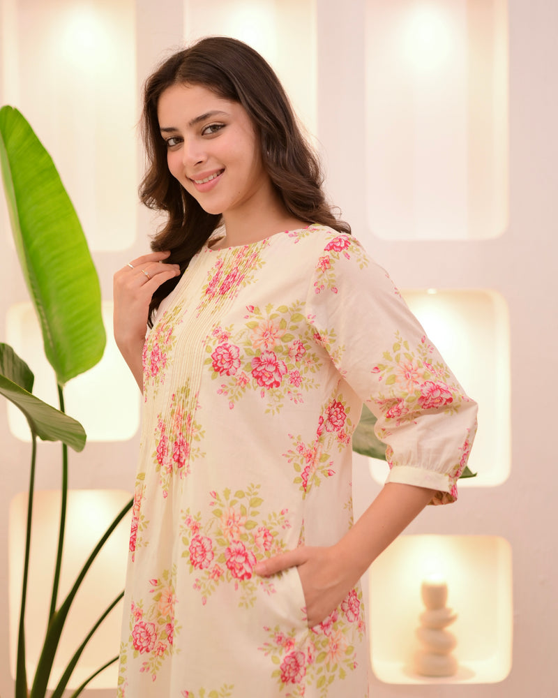 Ivory Pink Garden Pintex A Line Mul Cotton Kurta Set