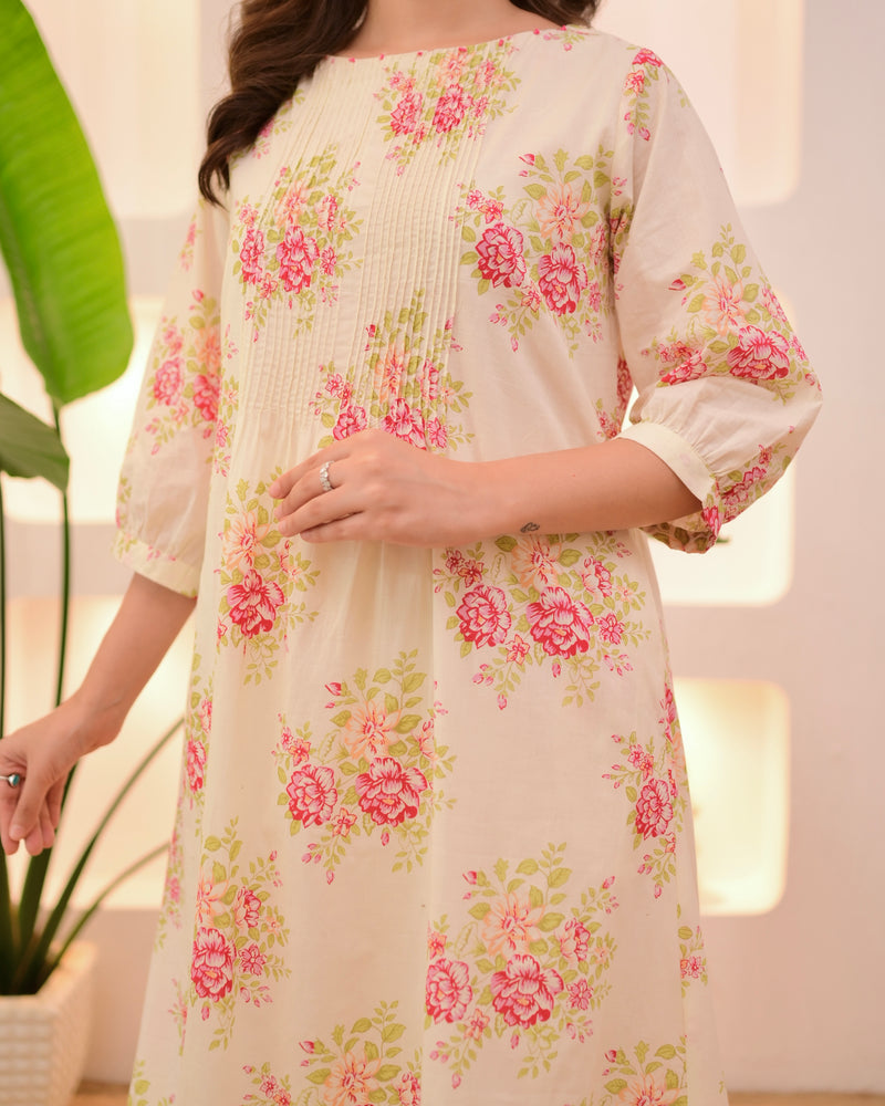 Ivory Pink Garden Pintex A Line Mul Cotton Kurta Set