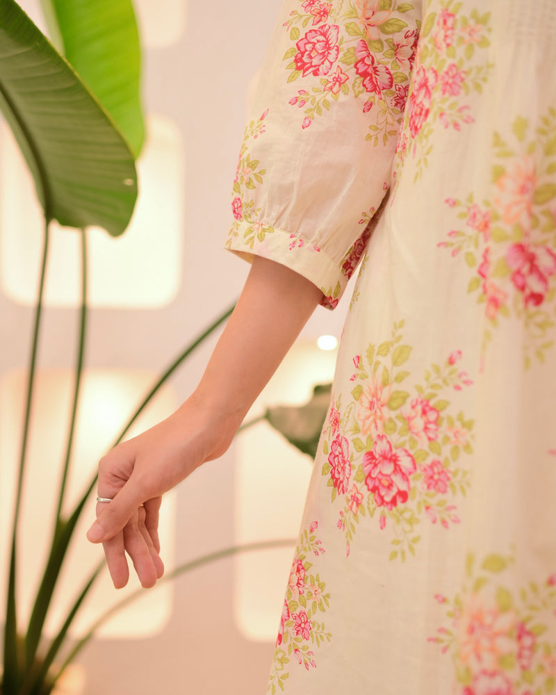 Ivory Pink Garden Pintex A Line Mul Cotton Kurta Set