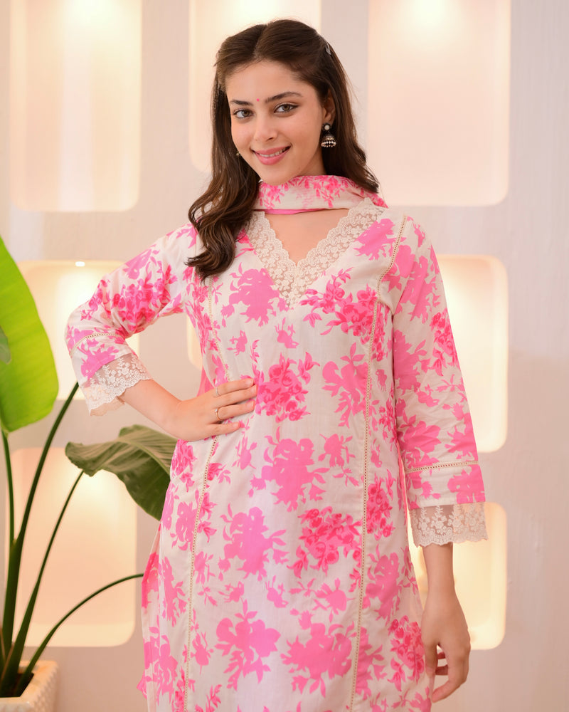Gulaabi Petals Pakistani Lace Cotton Suit