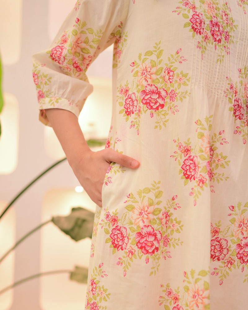 Ivory Pink Garden Pintex A Line Mul Cotton Kurta Set