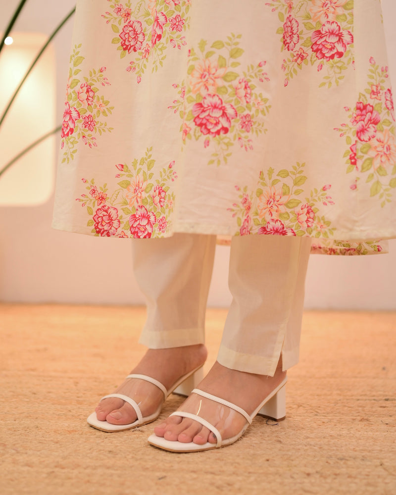 Ivory Pink Garden Pintex A Line Mul Cotton Kurta Set