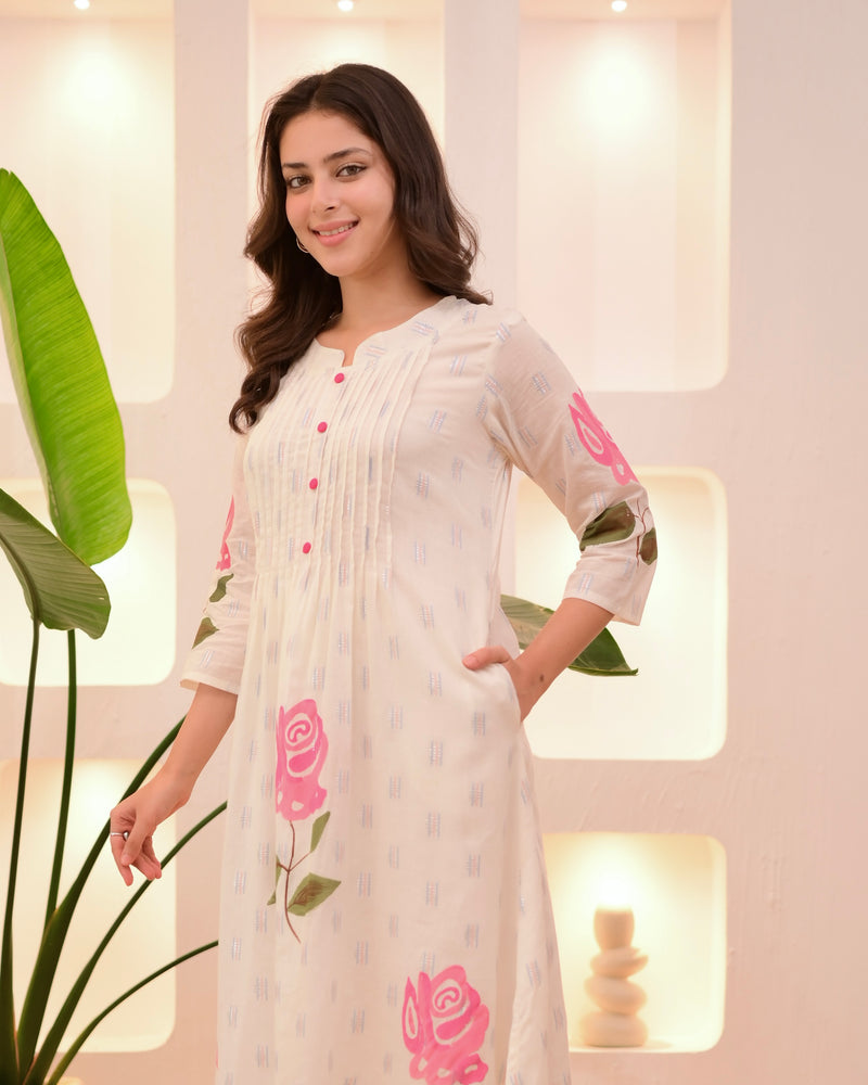 Pink Rose Pintex Mul Cotton A Line Kurta Set