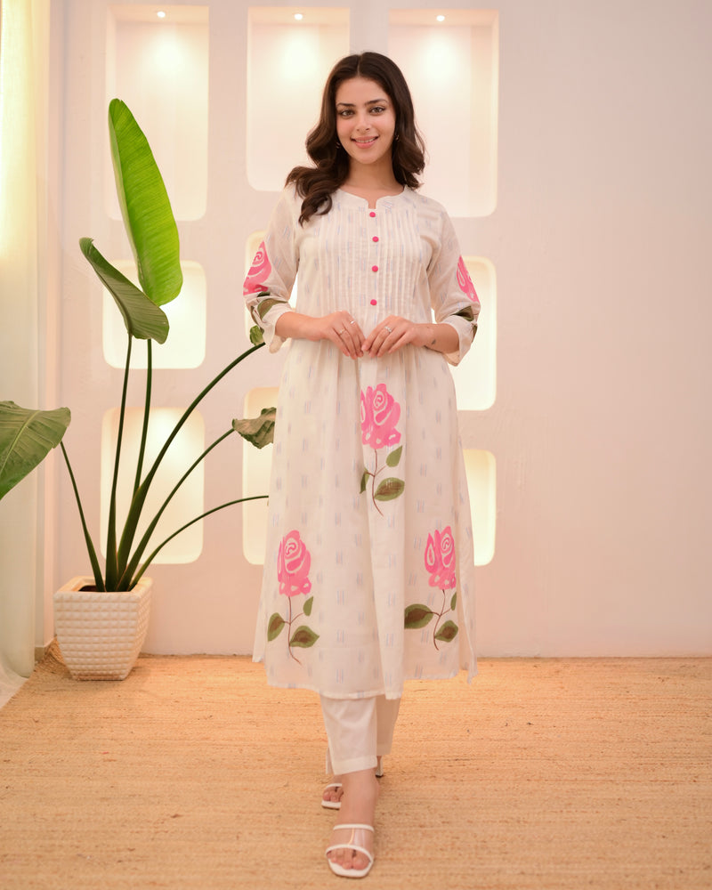Pink Rose Pintex Mul Cotton A Line Kurta Set